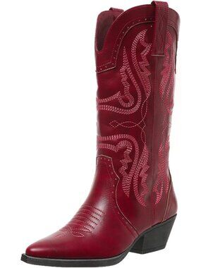 Women's Red Synthetic Rubber Cowgirl Mid Calf Pointed Toe Embroidered Boots